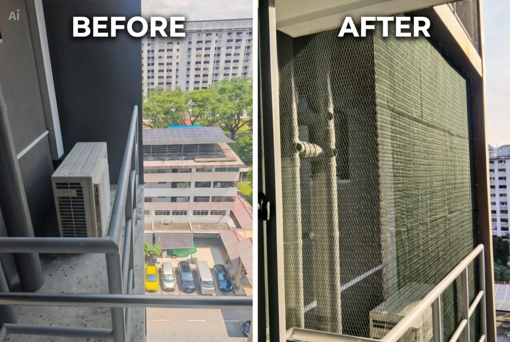 Before and after installing bird netting on an HDB aircon ledge